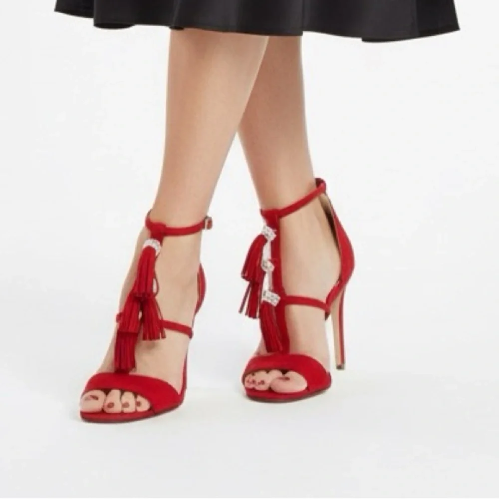 Ann Taylor Adina Fringe stiletto sandals red suede with pearlized tassels 9 NWT